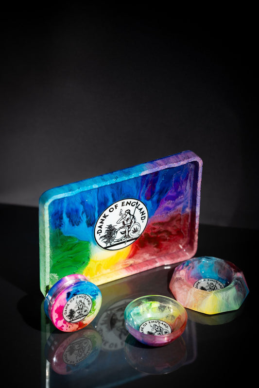 EXCLUSIVE DOE Hand made Multi Colour, Resin Rolling, Tray Ashtray & Grinder Set